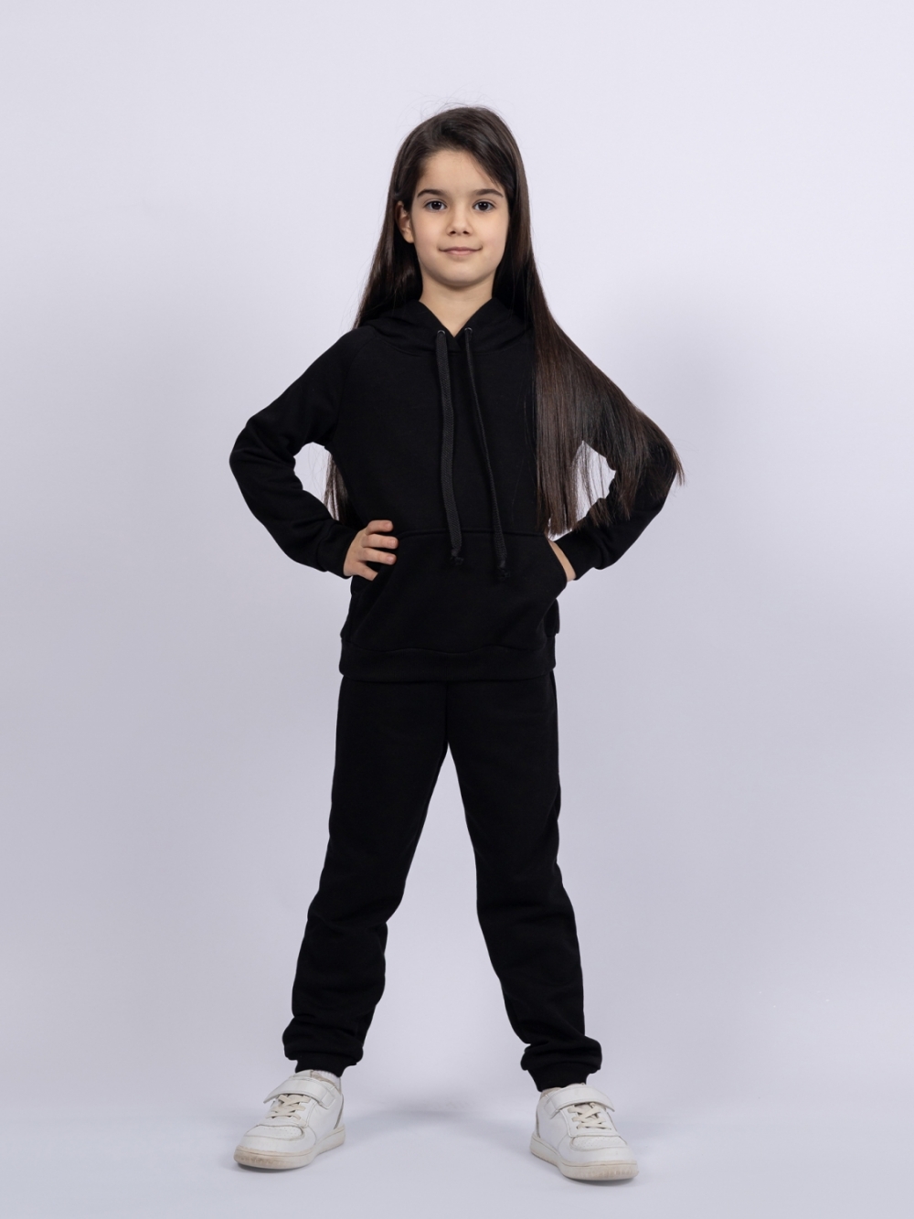 311-Ч. Свитшот с капюшоном + Штаны, хлопок 65%, 35% ПЭ, 3-х нитка ( без начеса) черный 80,86,92