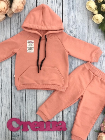 Купить оптом 311-ПР. Свитшот с капюшоном + Штаны, хлопок 65%, 35% ПЭ, 3-х нитка ( без начеса) персик 80,86,92 в Нефтекумске